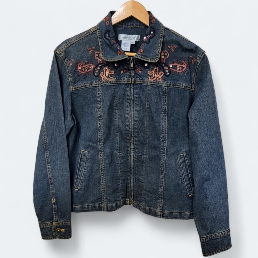 Coldwater Creek Denim Jean Jacket Embroidery Sequin Embellished Size PL